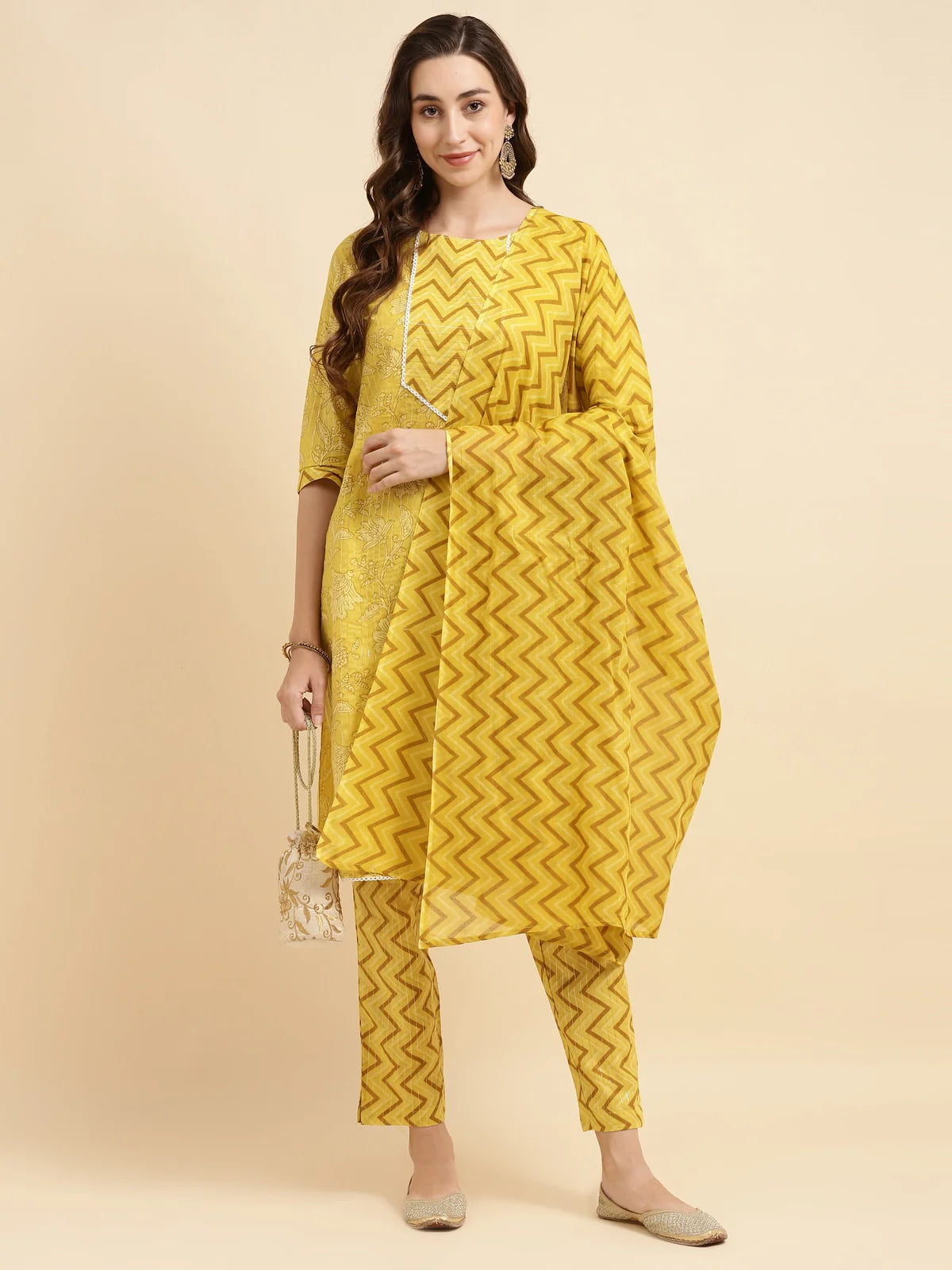 Buy Cotton Printed Straight Knee Length Kurta With Pant And Dupatta Set-Yellow