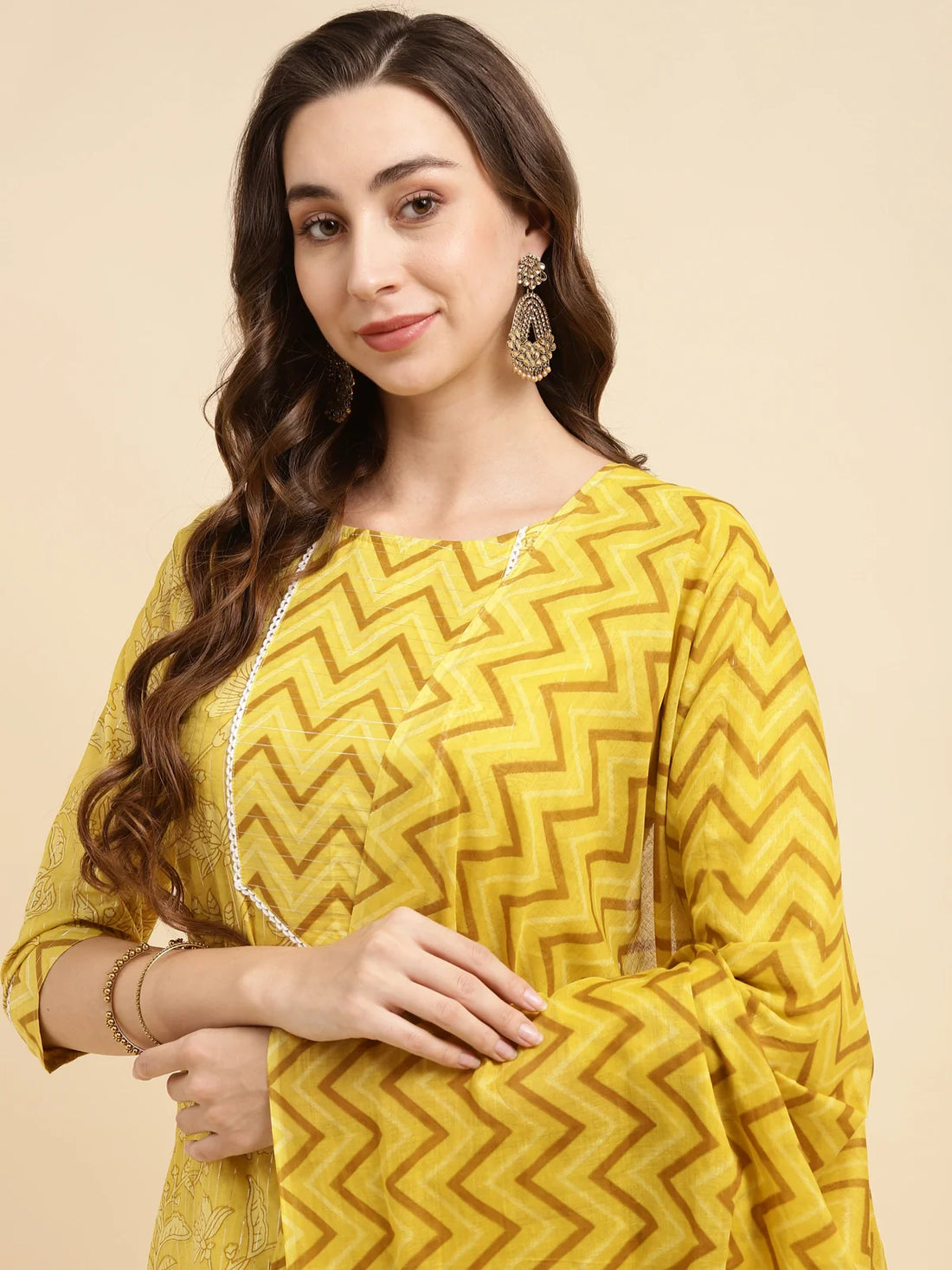 Buy Cotton Printed Straight Knee Length Kurta With Pant And Dupatta Set-Yellow