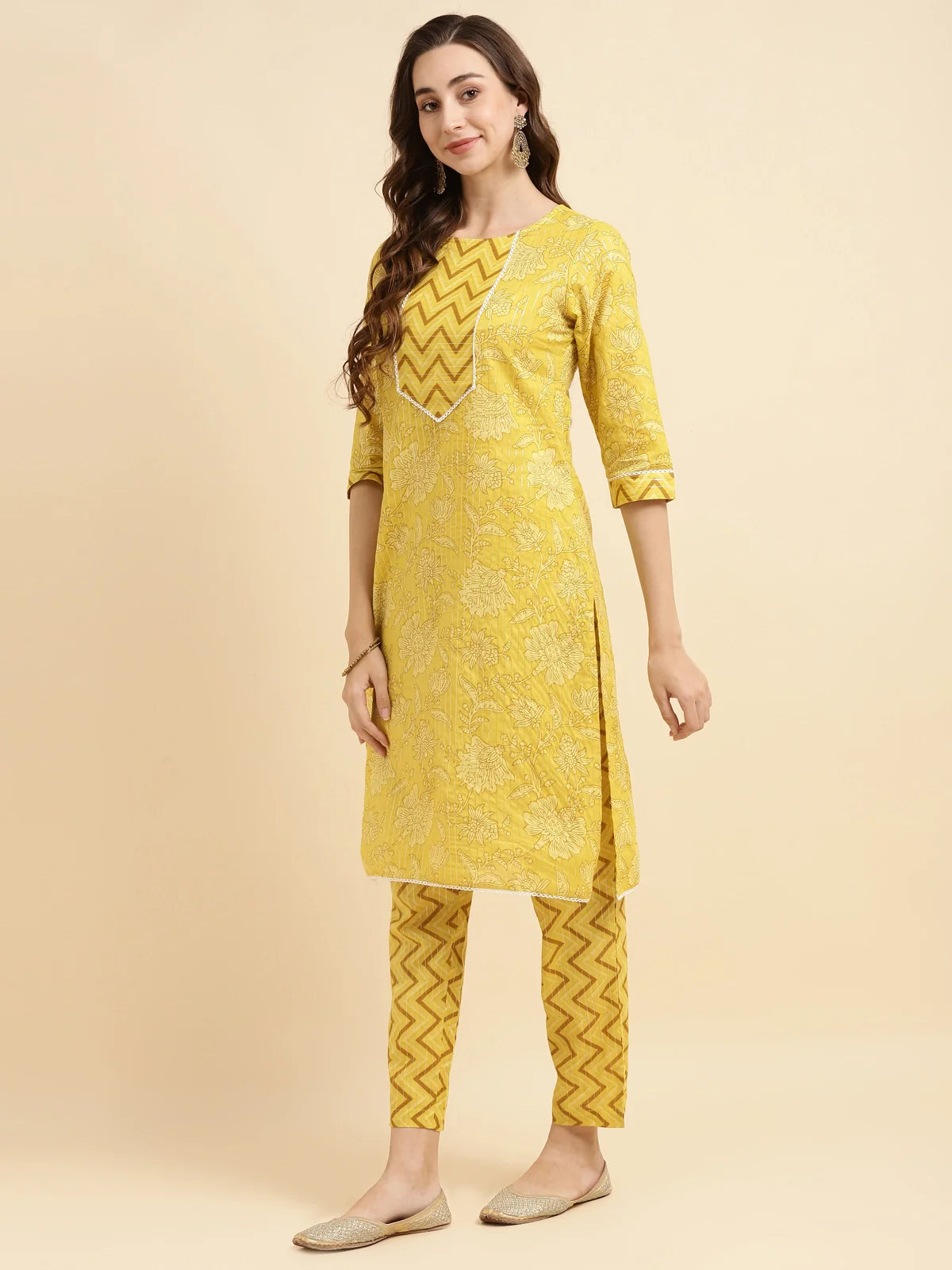 Buy Cotton Printed Straight Knee Length Kurta With Pant And Dupatta Set-Yellow