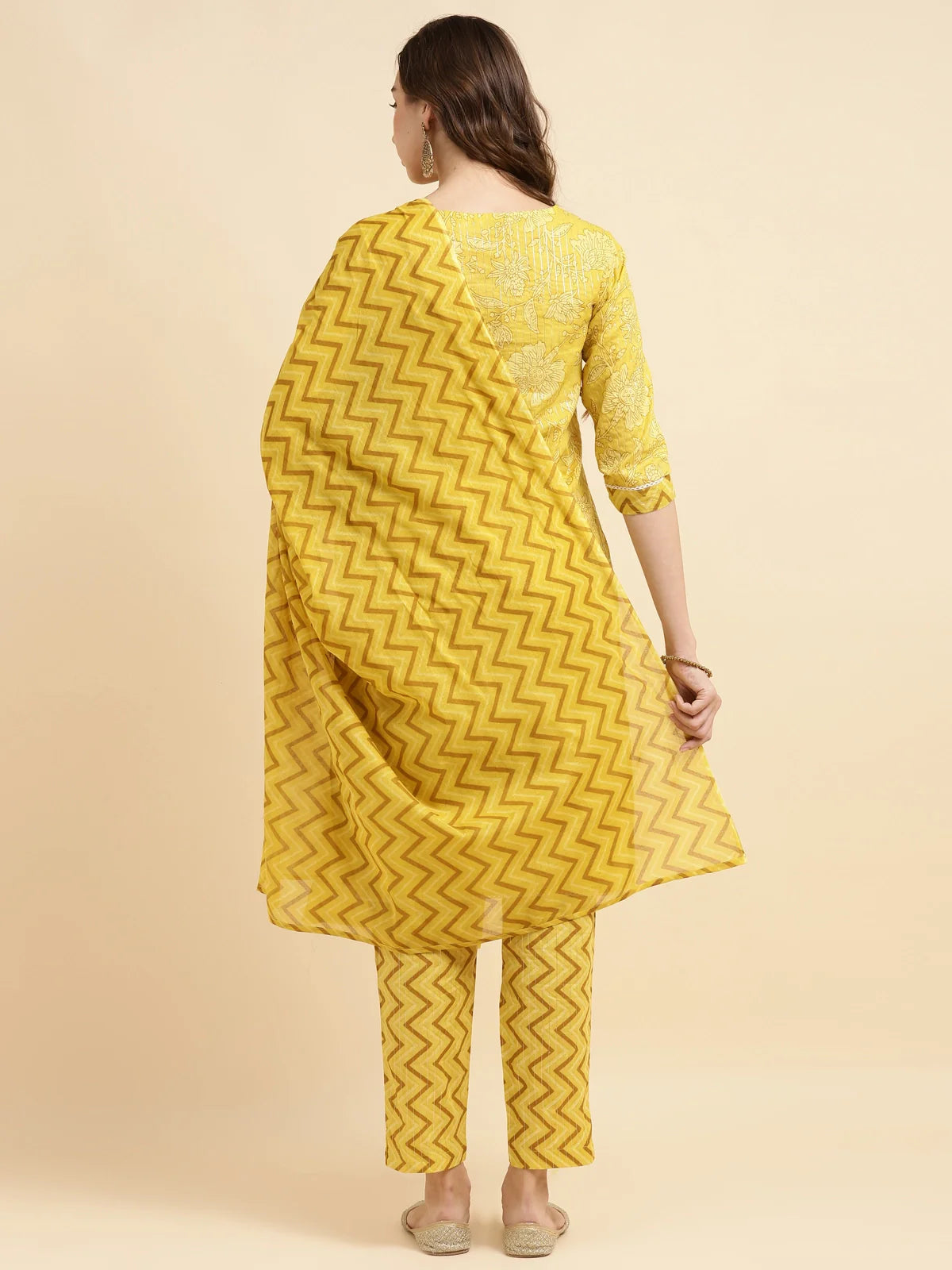 Buy Cotton Printed Straight Knee Length Kurta With Pant And Dupatta Set-Yellow