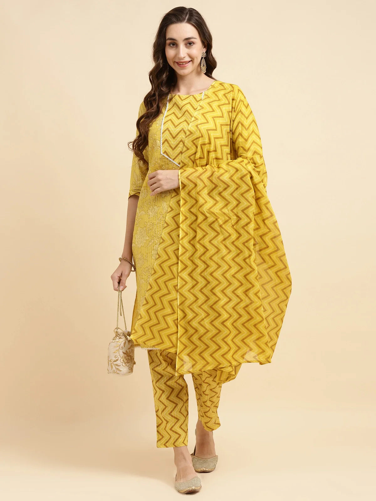 Buy Cotton Printed Straight Knee Length Kurta With Pant And Dupatta Set-Yellow