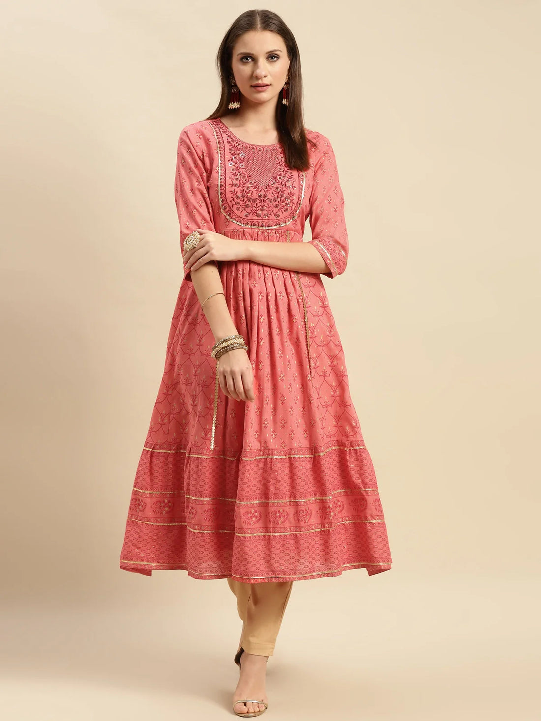 Buy 100% Cotton Yoke Embroidered Self Textured Calf Length Anarkali-Coral