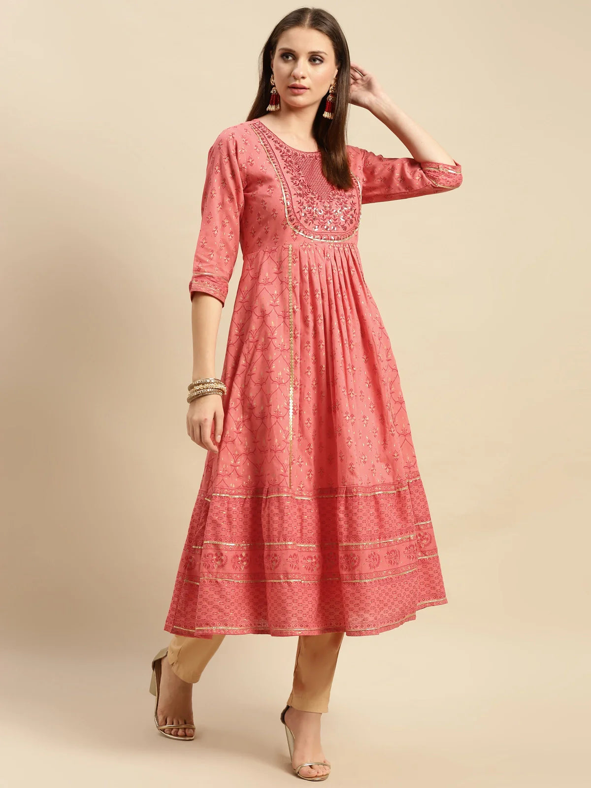 Buy 100% Cotton Yoke Embroidered Self Textured Calf Length Anarkali-Coral