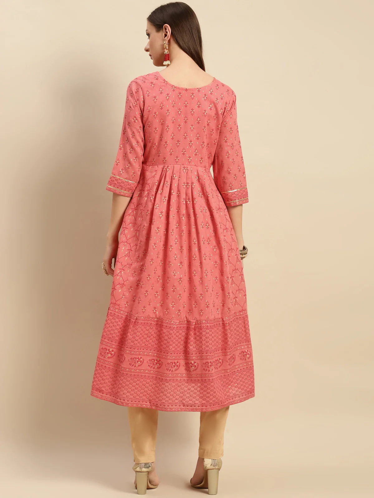 Buy 100% Cotton Yoke Embroidered Self Textured Calf Length Anarkali-Coral