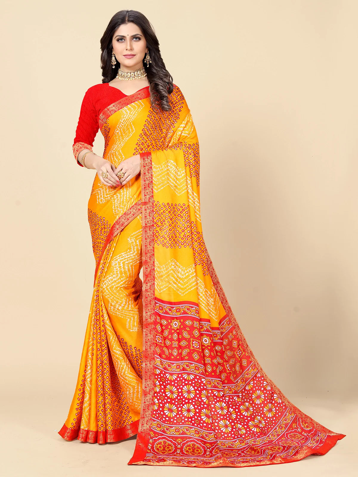 Buy Bandhej Printed Moss Georgette Saree With Blouse Piece-Yellow