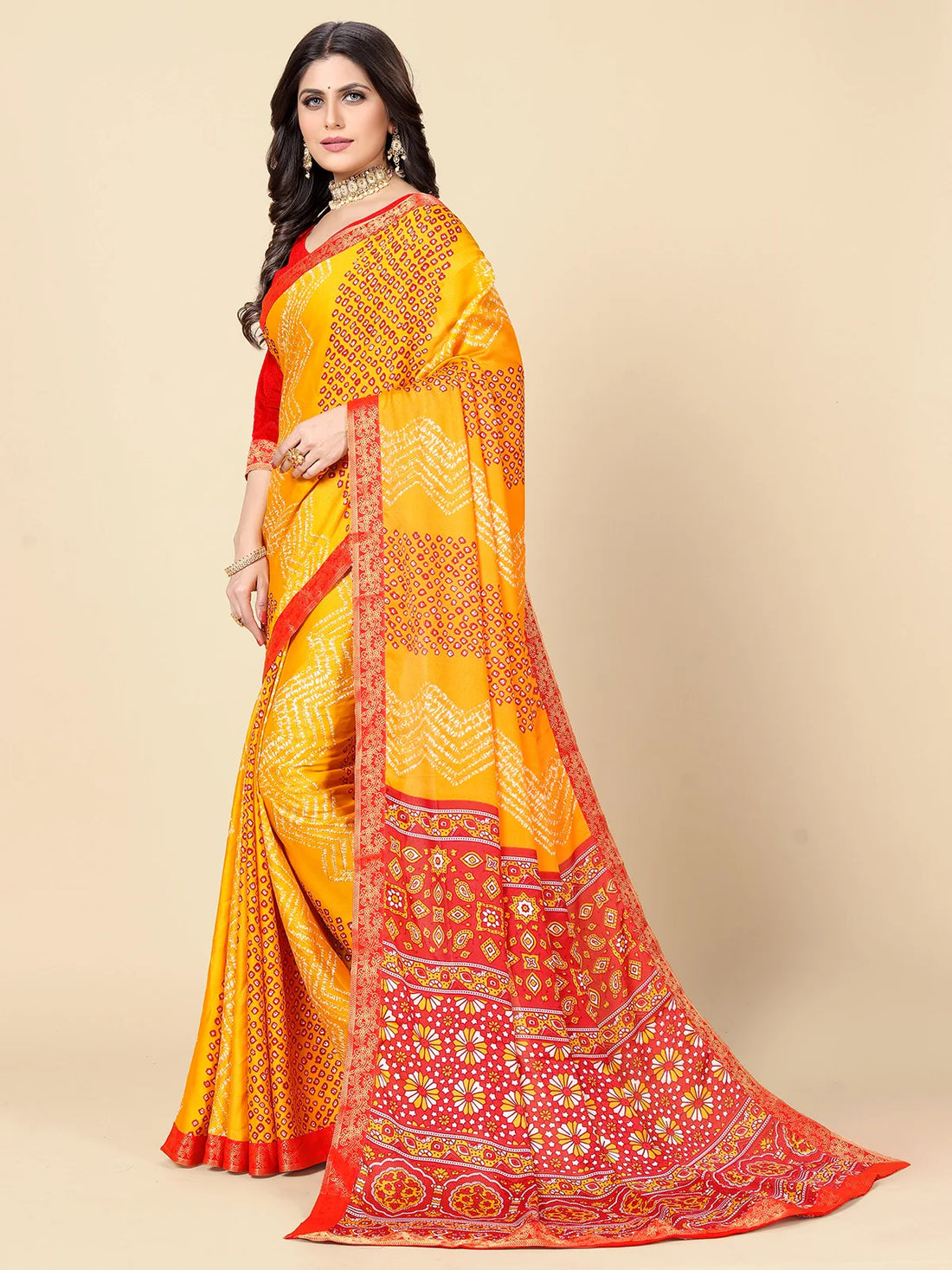 Buy Bandhej Printed Moss Georgette Saree With Blouse Piece-Yellow