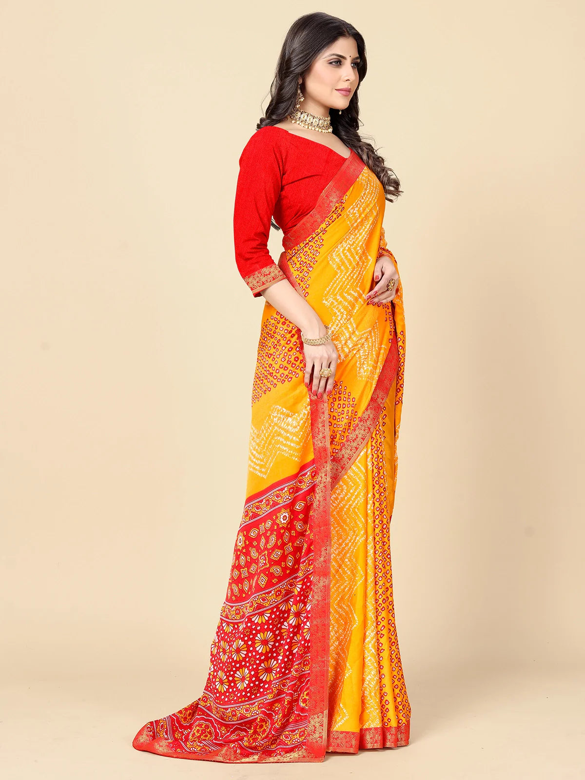 Buy Bandhej Printed Moss Georgette Saree With Blouse Piece-Yellow