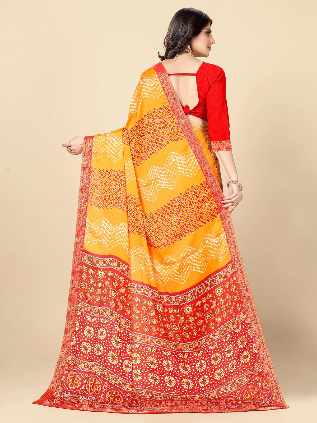 Buy Bandhej Printed Moss Georgette Saree With Blouse Piece-Yellow