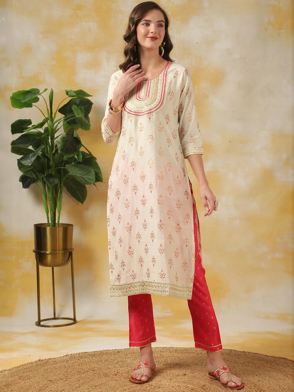 Buy Rayon Zari Embroidered Calf Length Straight Kurta With Pant-Off White