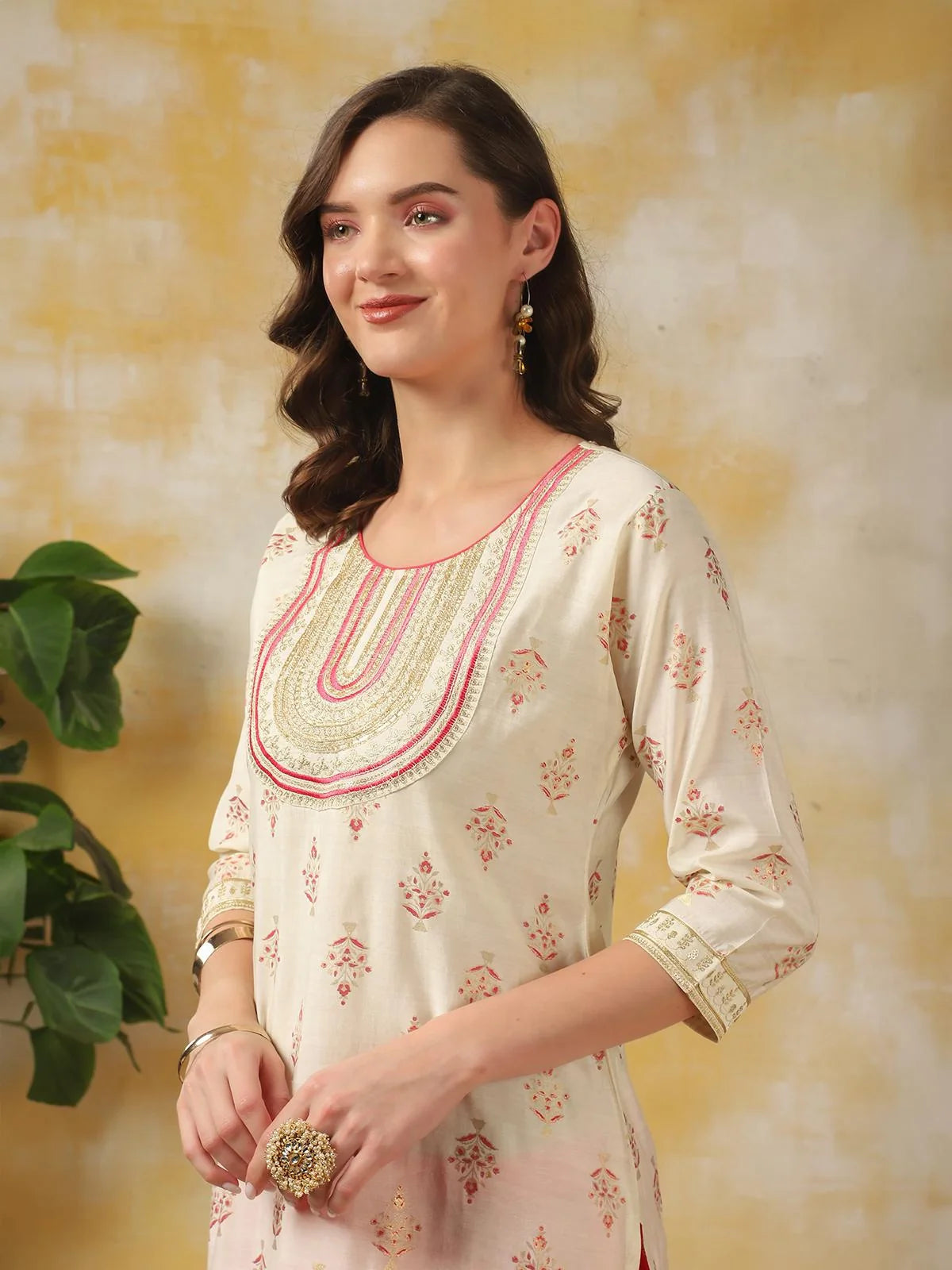 Buy Rayon Zari Embroidered Calf Length Straight Kurta With Pant-Off White