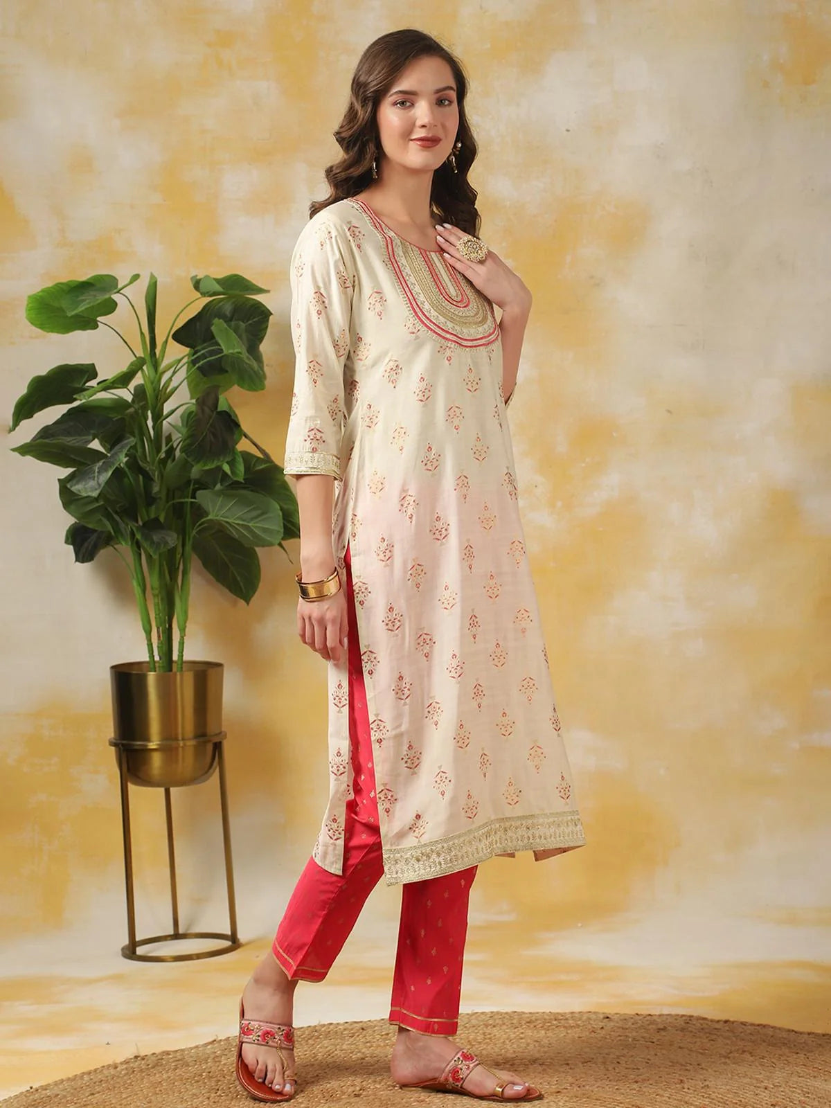 Buy Rayon Zari Embroidered Calf Length Straight Kurta With Pant-Off White