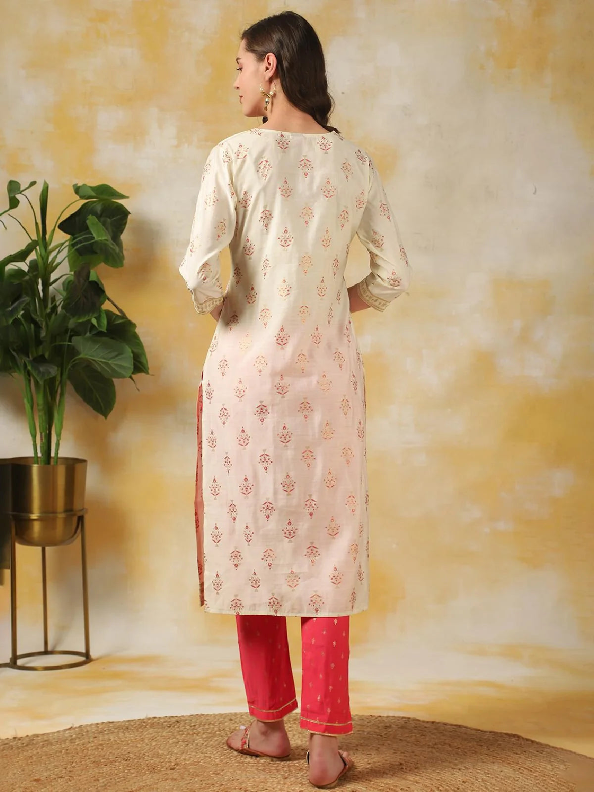 Buy Rayon Zari Embroidered Calf Length Straight Kurta With Pant-Off White