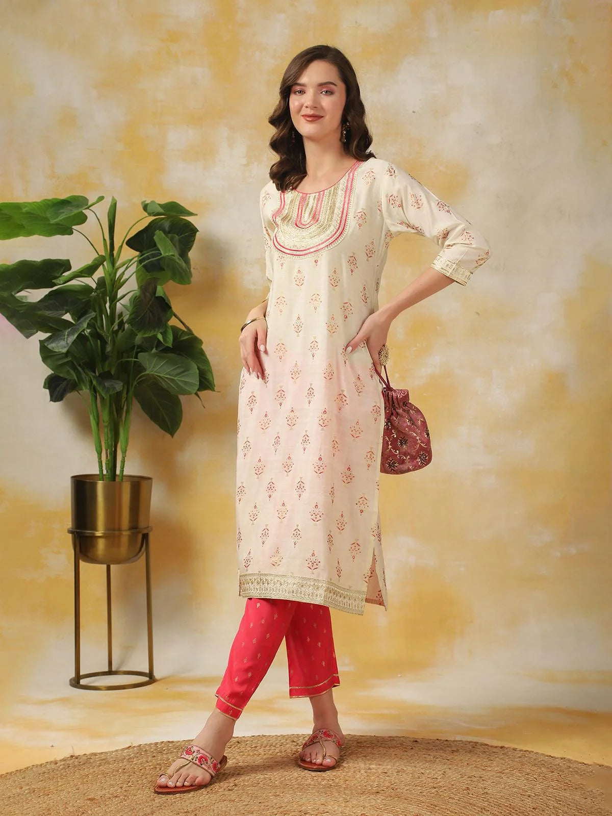 Buy Rayon Zari Embroidered Calf Length Straight Kurta With Pant-Off White