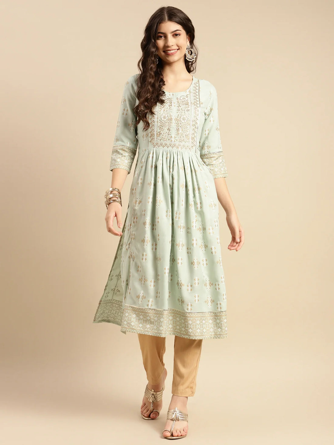 Buy Rayon Yoke Embroidered Calf Length Kurta Gathered At Waist-Mint Green