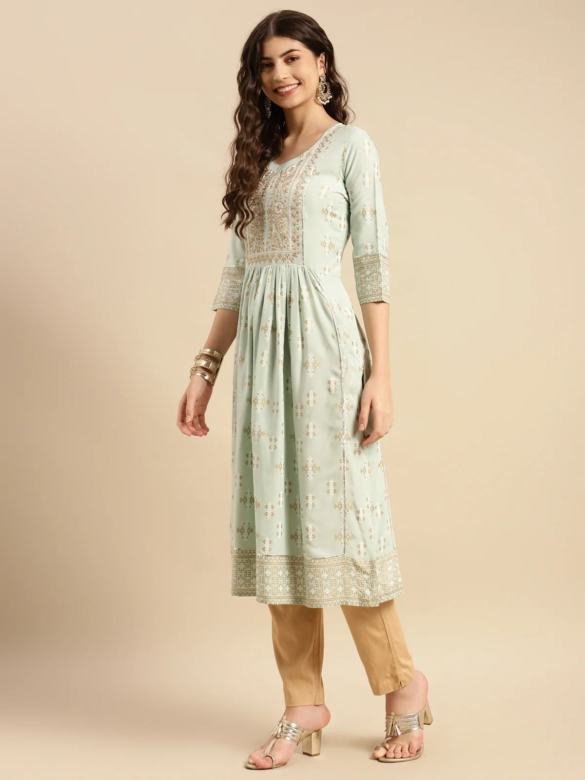 Buy Rayon Yoke Embroidered Calf Length Kurta Gathered At Waist-Mint Green