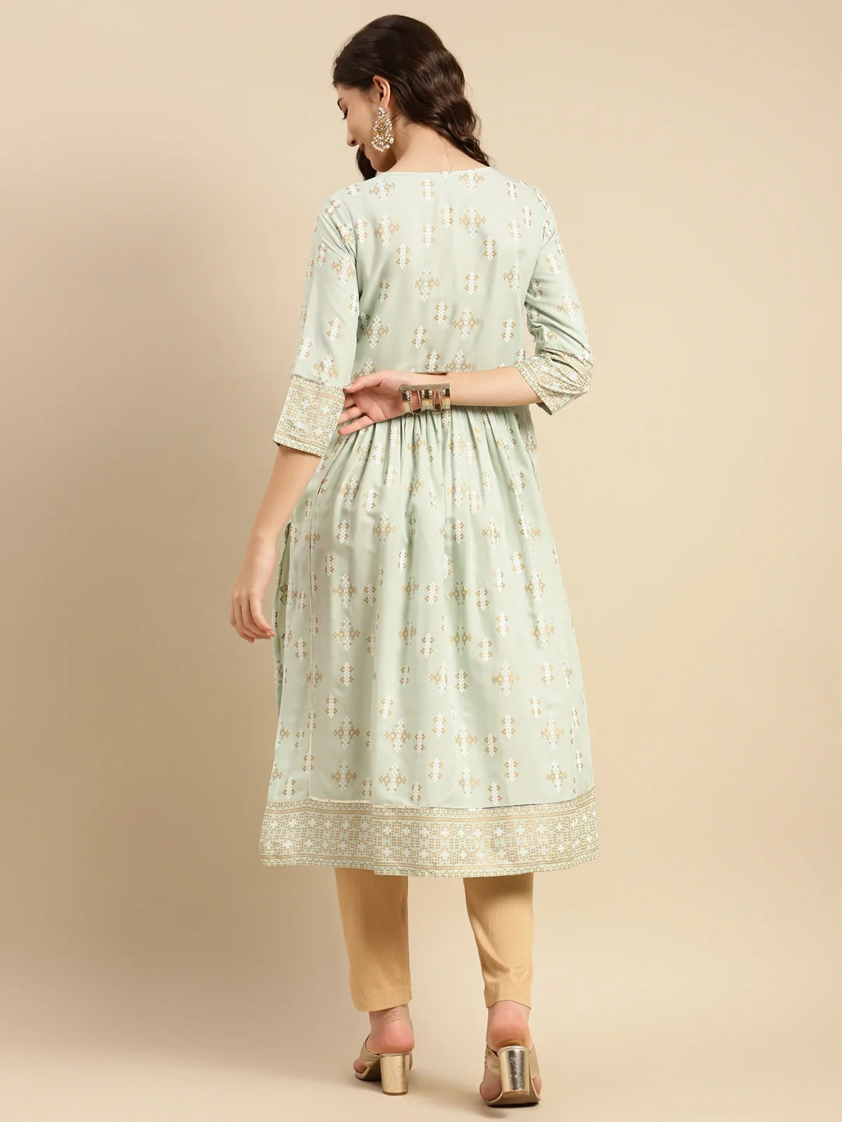 Buy Rayon Yoke Embroidered Calf Length Kurta Gathered At Waist-Mint Green