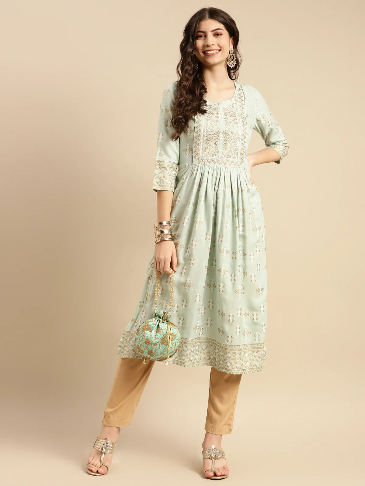 Buy Rayon Yoke Embroidered Calf Length Kurta Gathered At Waist-Mint Green