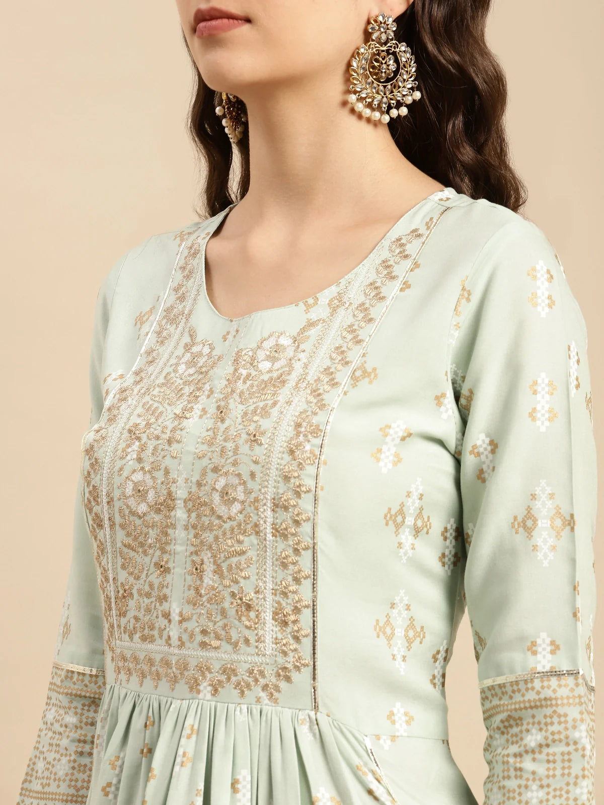 Buy Rayon Yoke Embroidered Calf Length Kurta Gathered At Waist-Mint Green