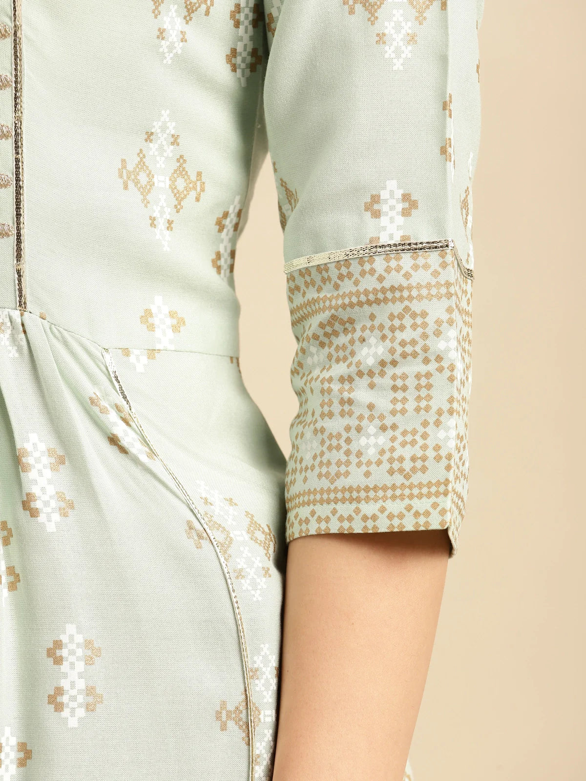 Buy Rayon Yoke Embroidered Calf Length Kurta Gathered At Waist-Mint Green