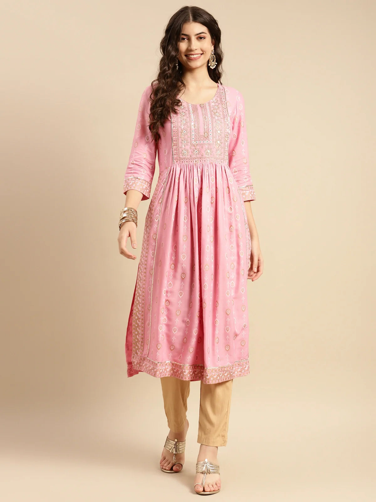 Buy Rayon Yoke Embroidered Calf Length Kurta Gathered At Waist-Pink