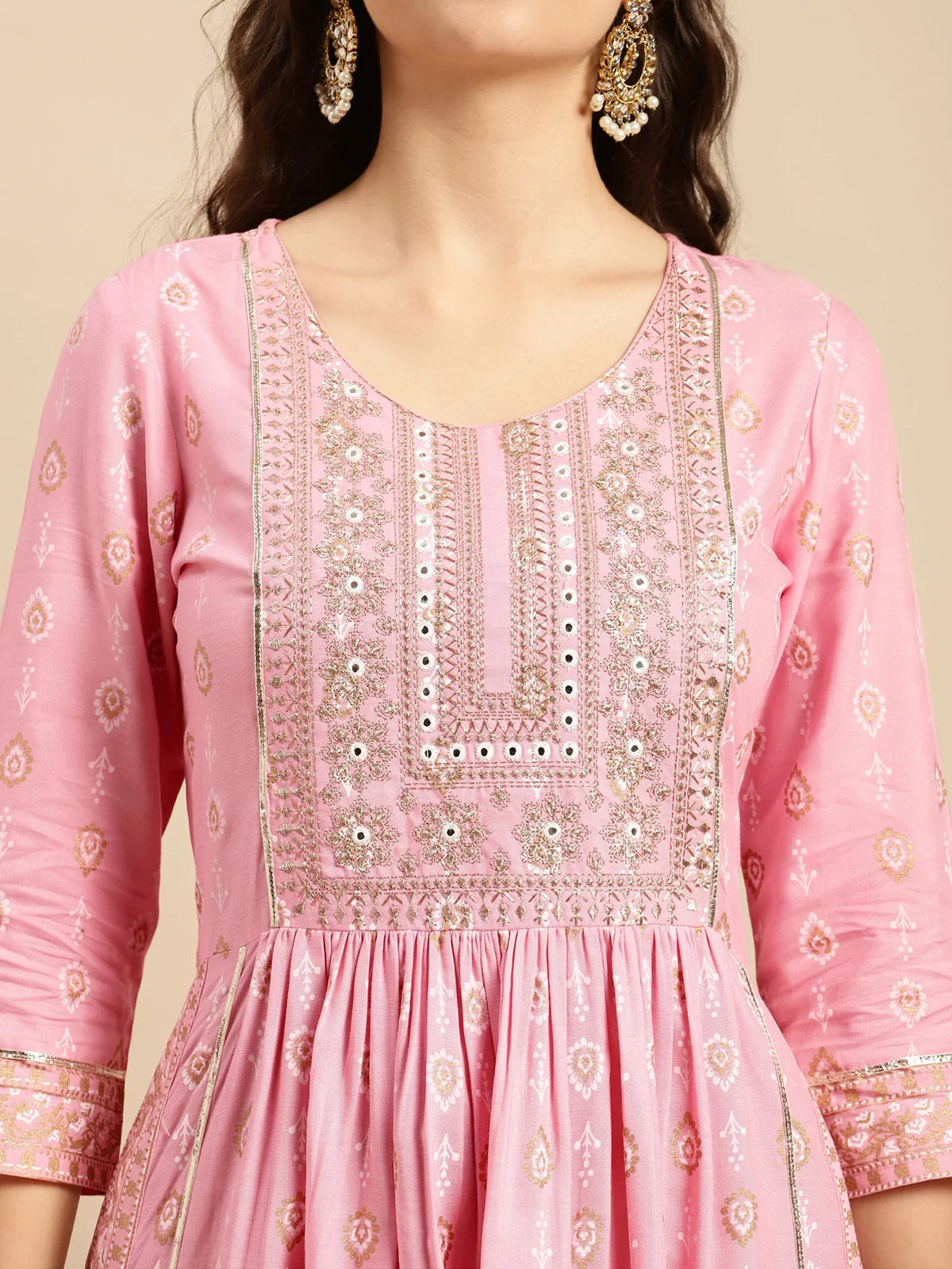 Buy Rayon Yoke Embroidered Calf Length Kurta Gathered At Waist-Pink