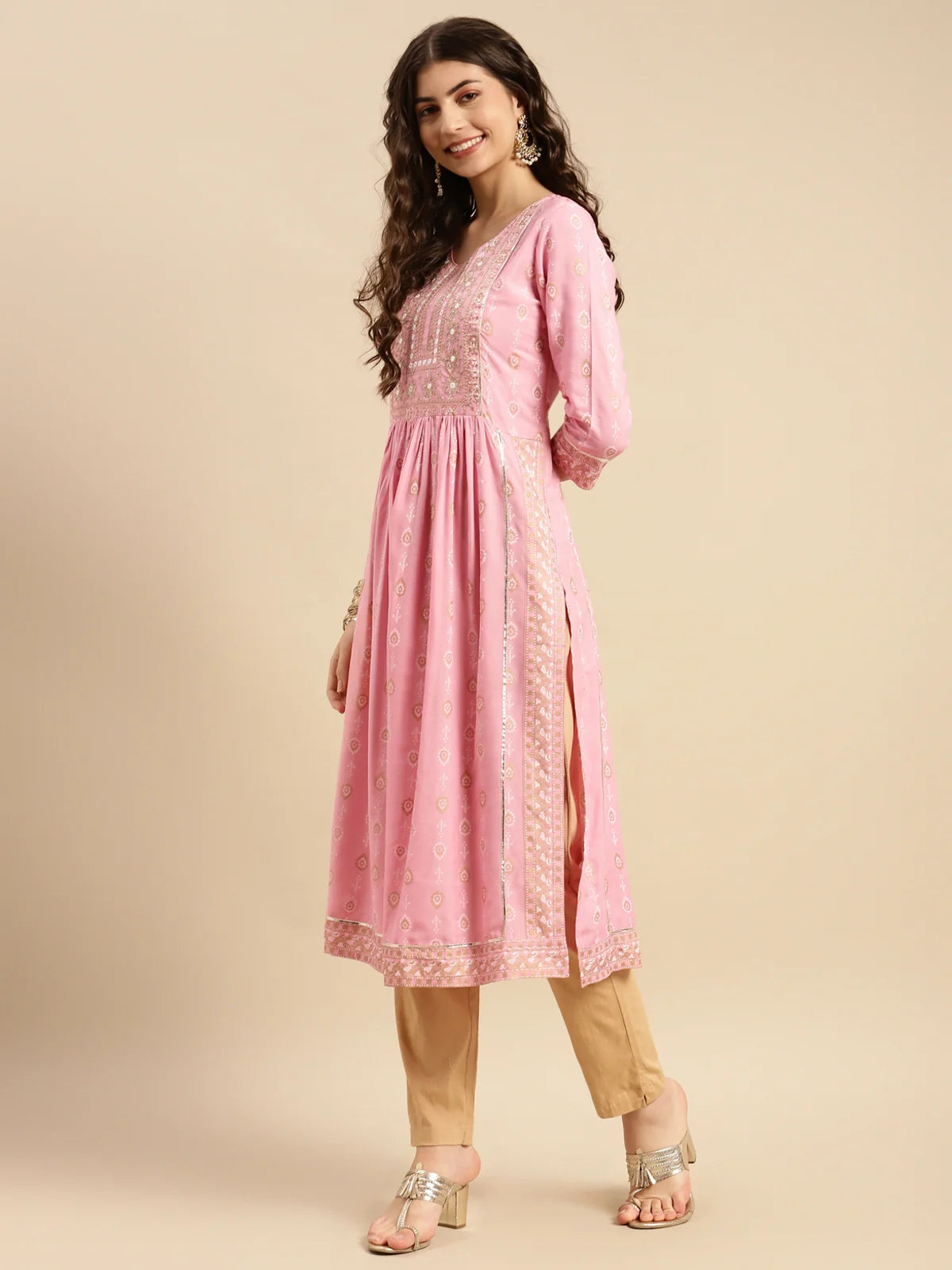 Buy Rayon Yoke Embroidered Calf Length Kurta Gathered At Waist-Pink