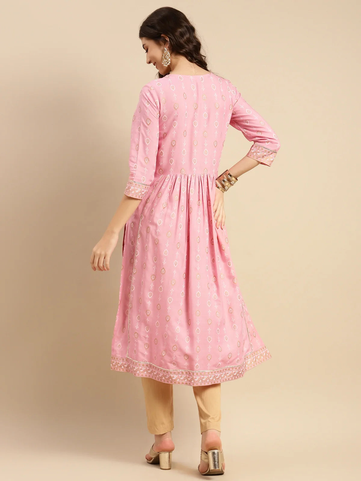 Buy Rayon Yoke Embroidered Calf Length Kurta Gathered At Waist-Pink