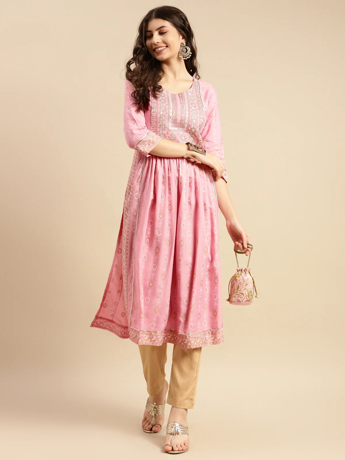 Buy Rayon Yoke Embroidered Calf Length Kurta Gathered At Waist-Pink