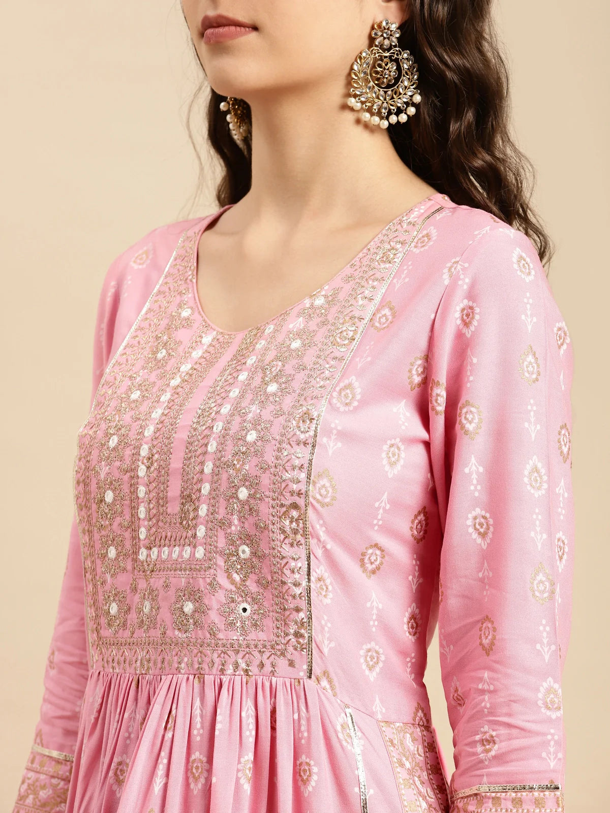 Buy Rayon Yoke Embroidered Calf Length Kurta Gathered At Waist-Pink