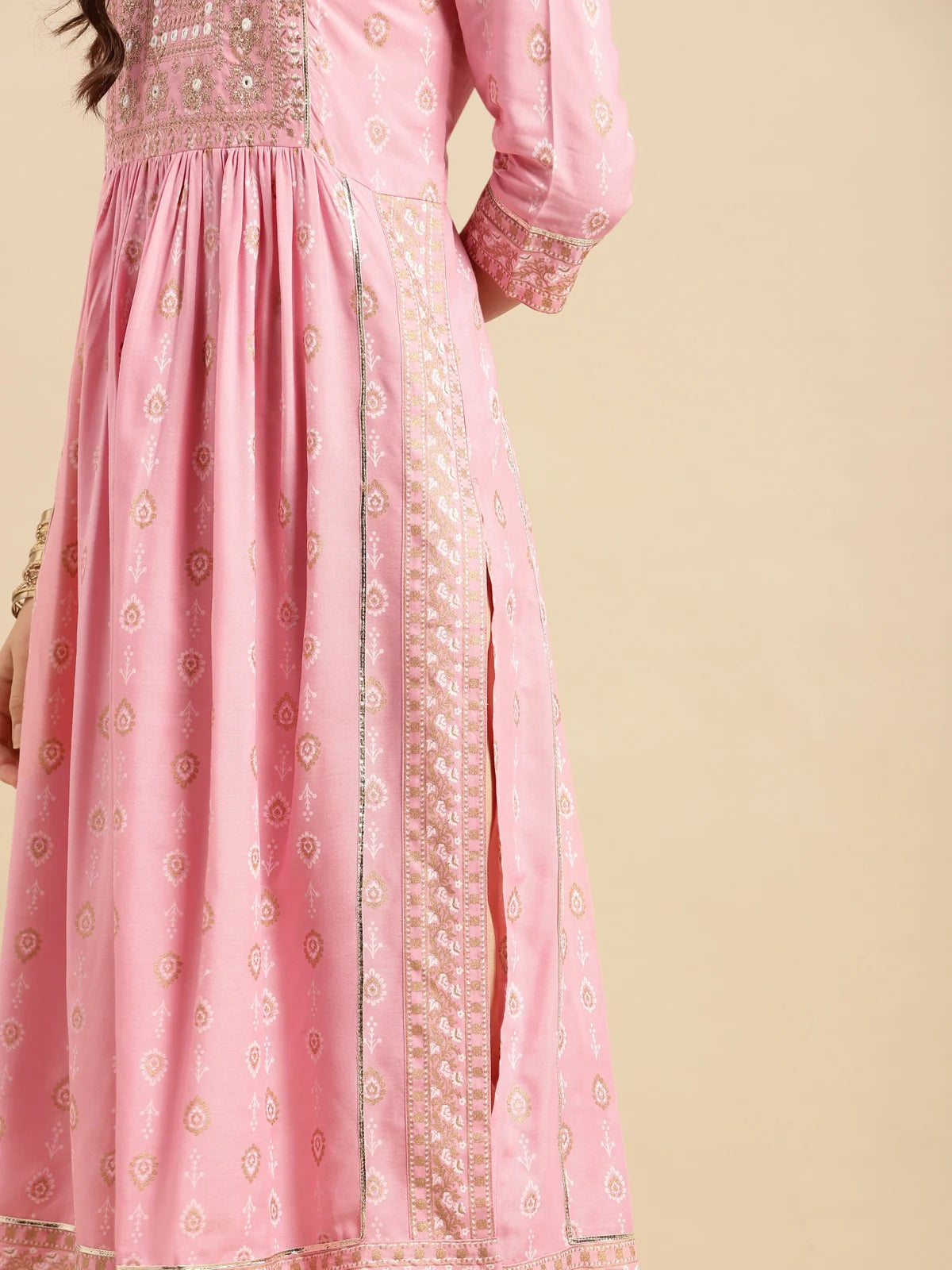 Buy Rayon Yoke Embroidered Calf Length Kurta Gathered At Waist-Pink