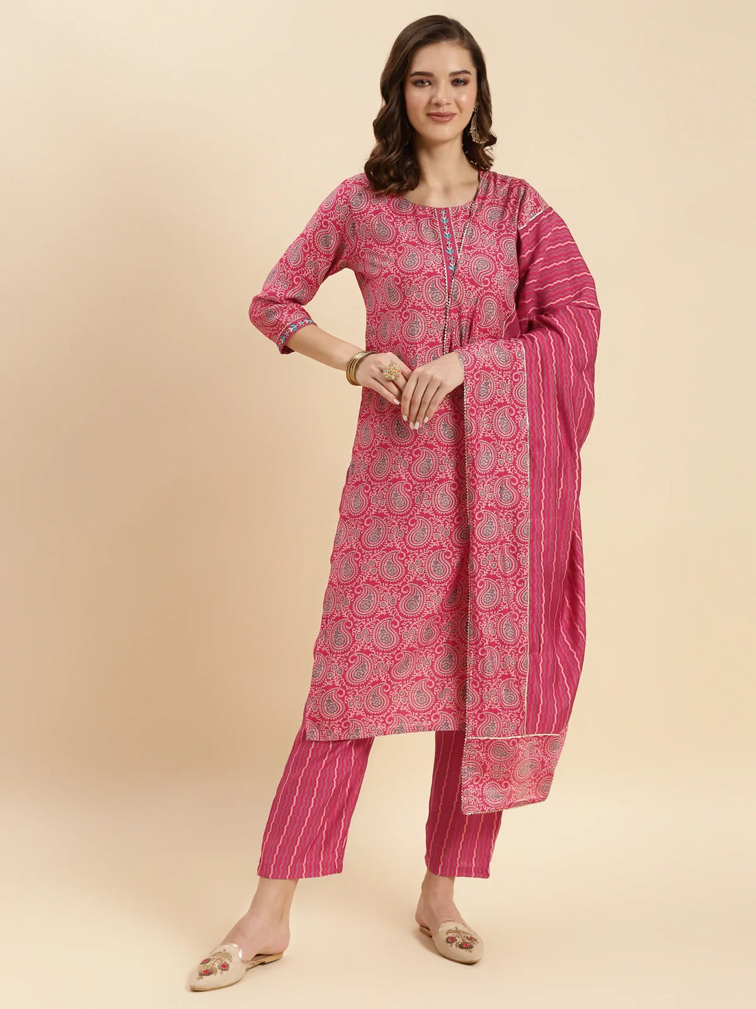Buy Rayon Calf Length Ethnic Printed Straight Kurta With Pant And Dupatta-Magenta
