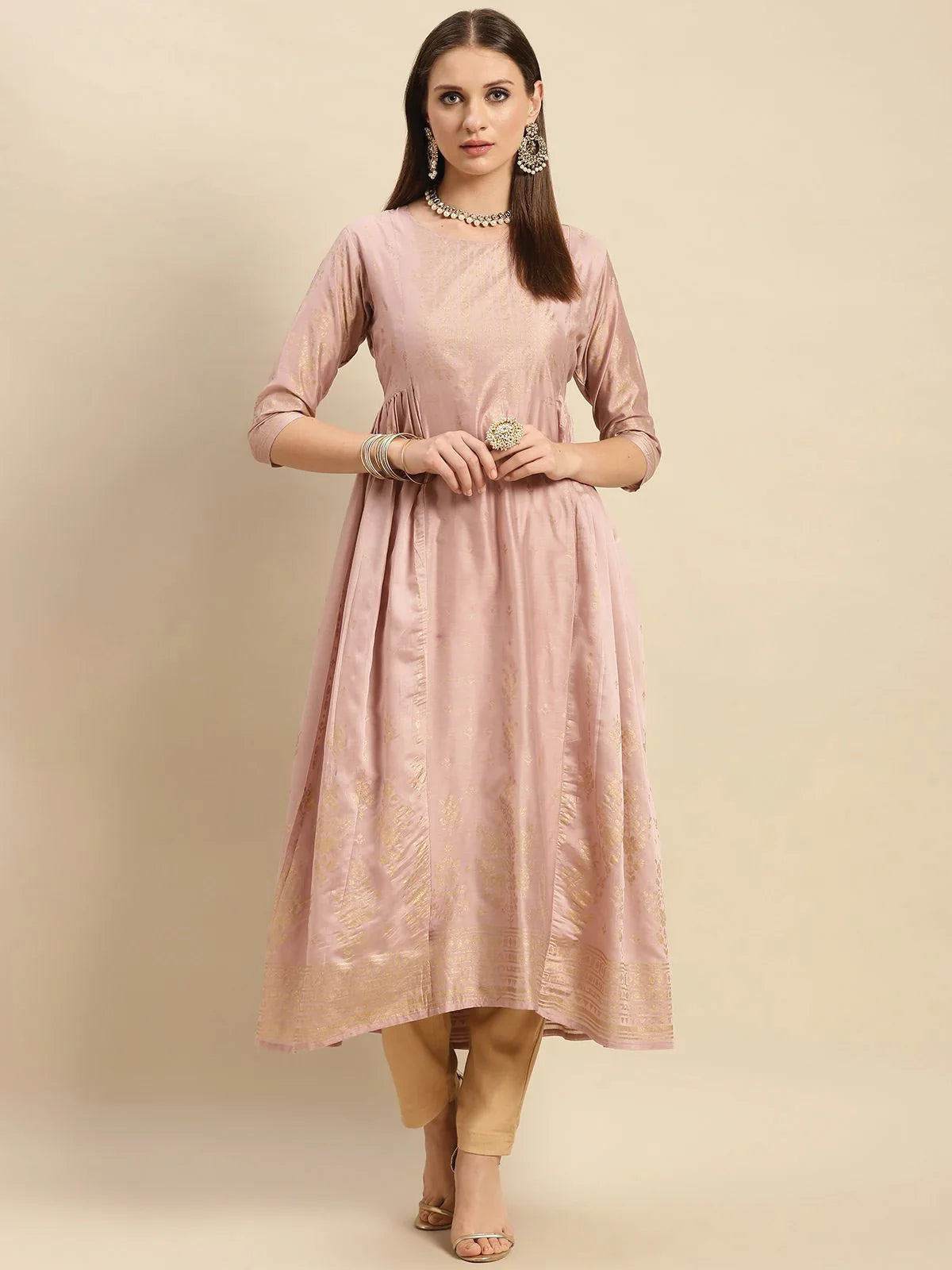 Buy Printed Calf Length Partywear Kurta With Gathers At Side-Rose Gold