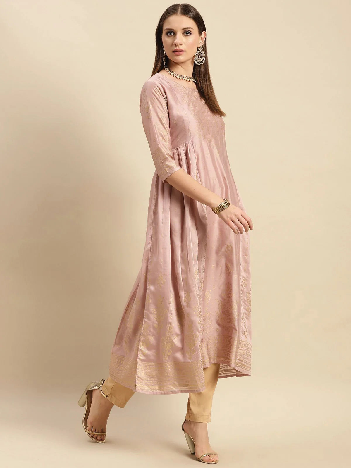 Buy Printed Calf Length Partywear Kurta With Gathers At Side-Rose Gold