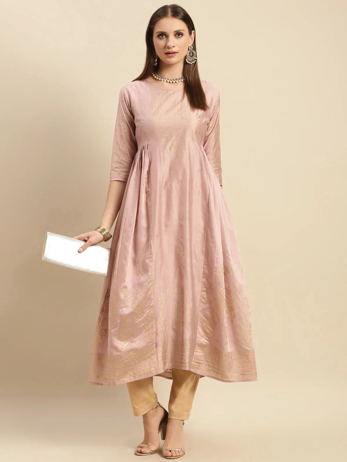 Buy Printed Calf Length Partywear Kurta With Gathers At Side-Rose Gold