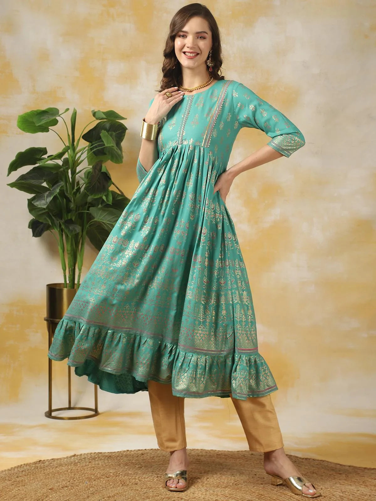 Buy Rayon Embellished Calf Length Flared Kurta-Turquoise