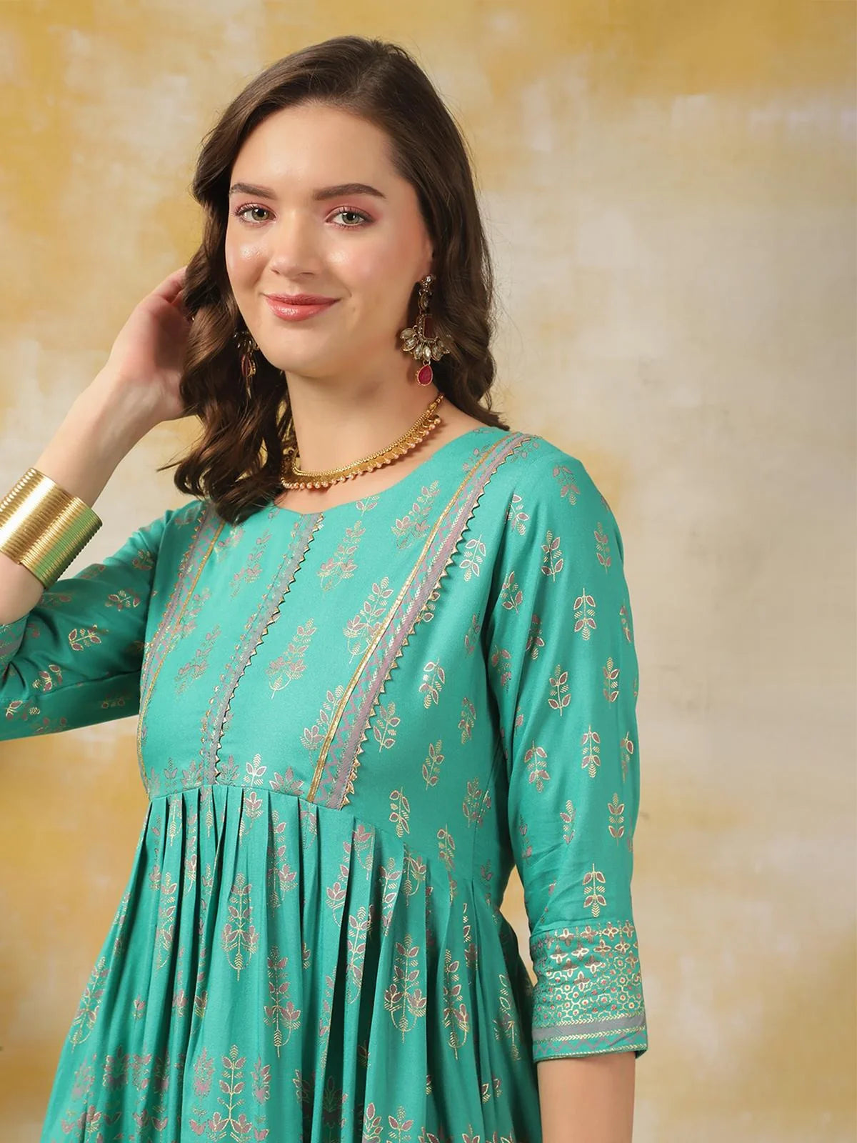 Buy Rayon Embellished Calf Length Flared Kurta-Turquoise