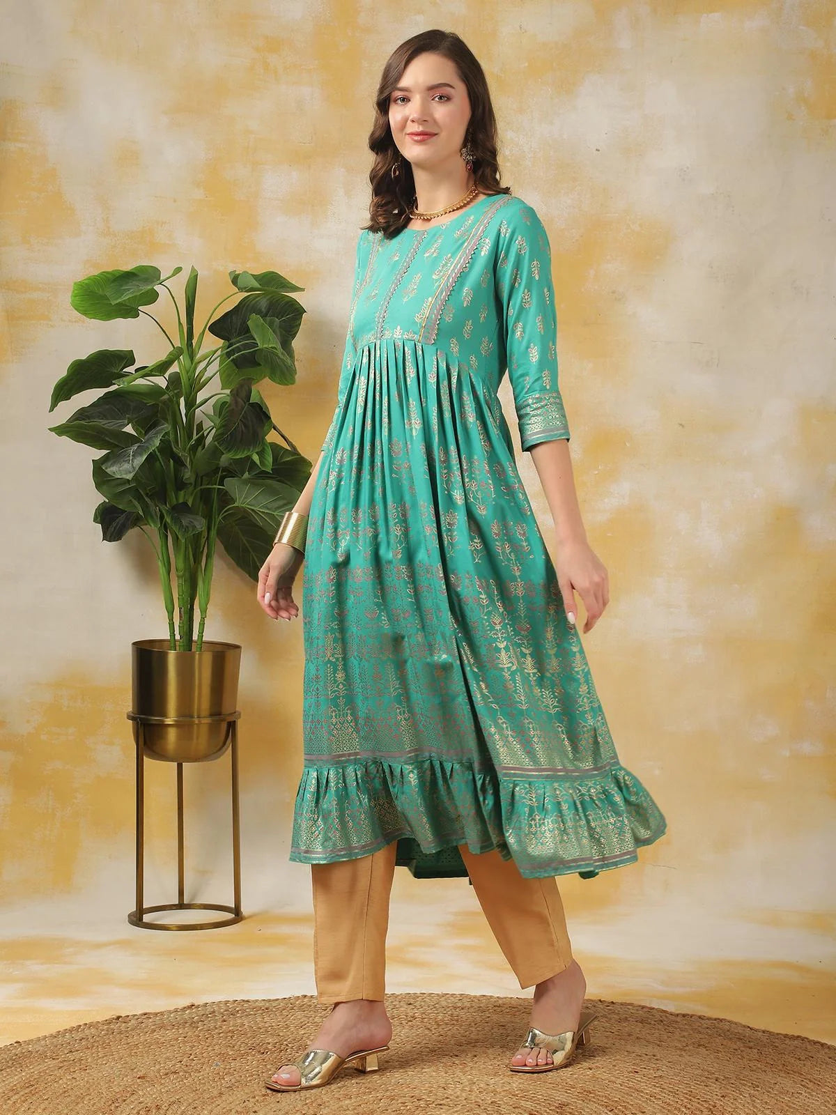 Buy Rayon Embellished Calf Length Flared Kurta-Turquoise