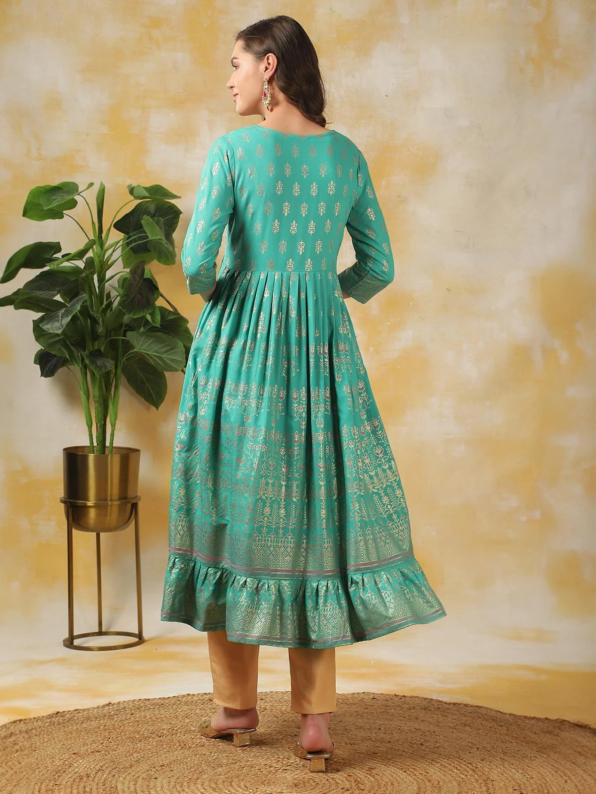 Buy Rayon Embellished Calf Length Flared Kurta-Turquoise