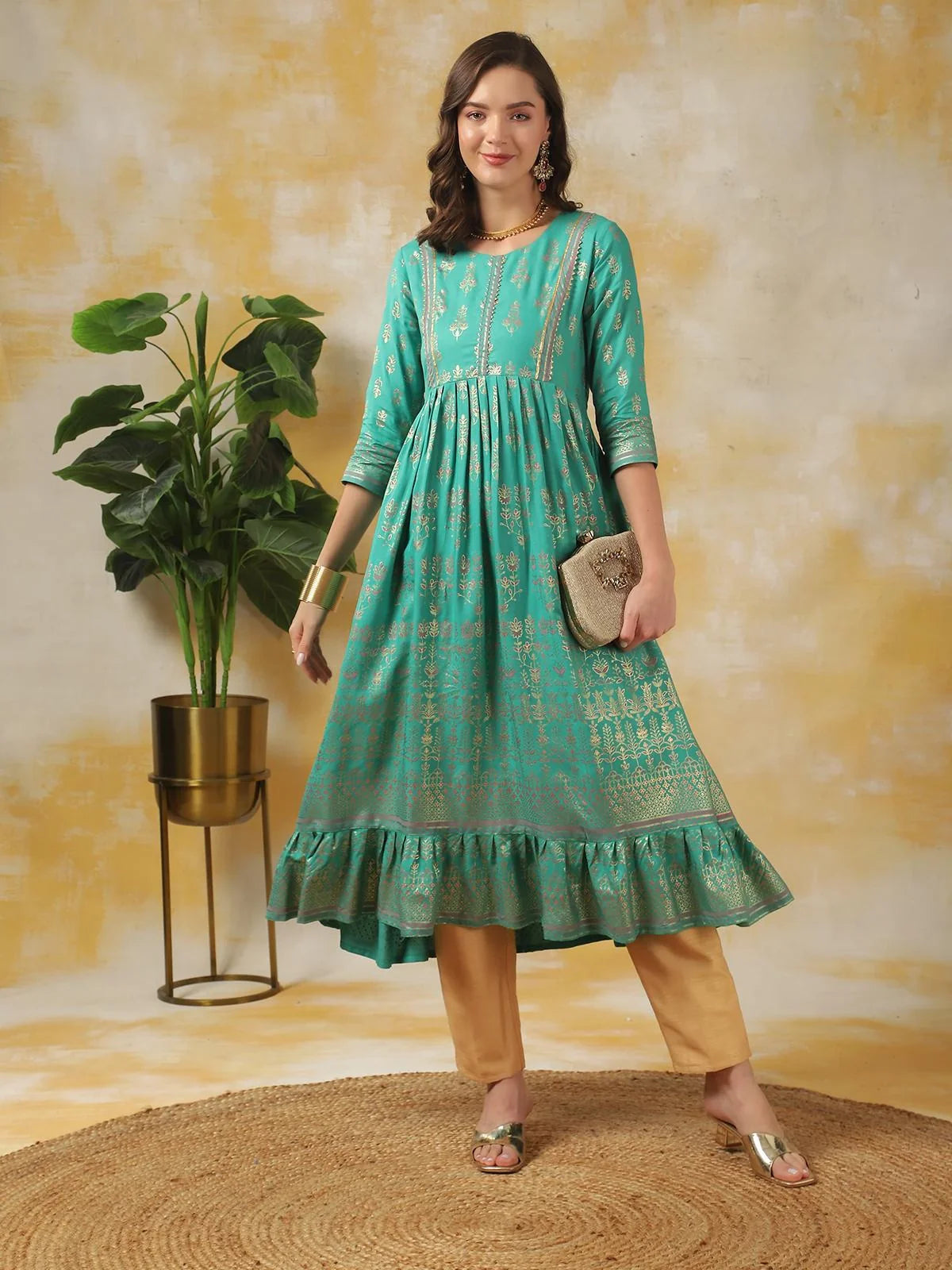 Buy Rayon Embellished Calf Length Flared Kurta-Turquoise