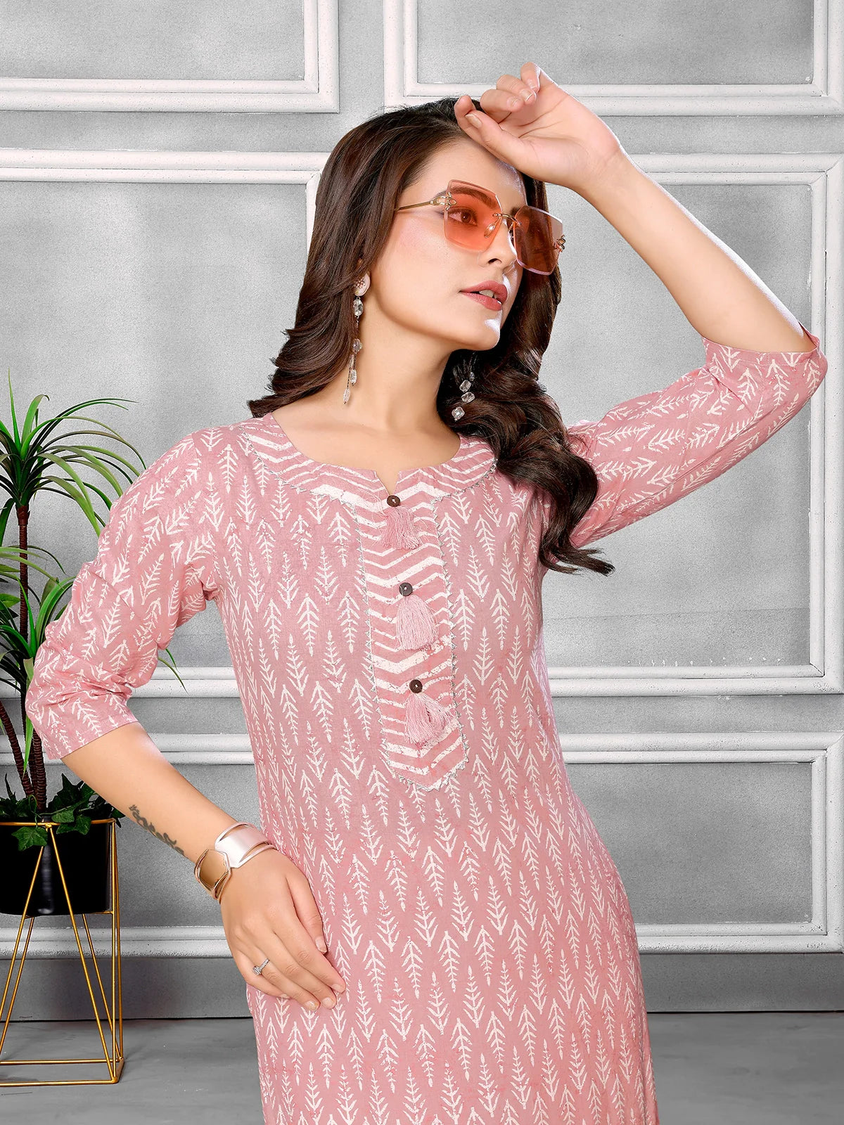 Buy Cotton Printed Calf Length Straight Kurta With Pant-Peach