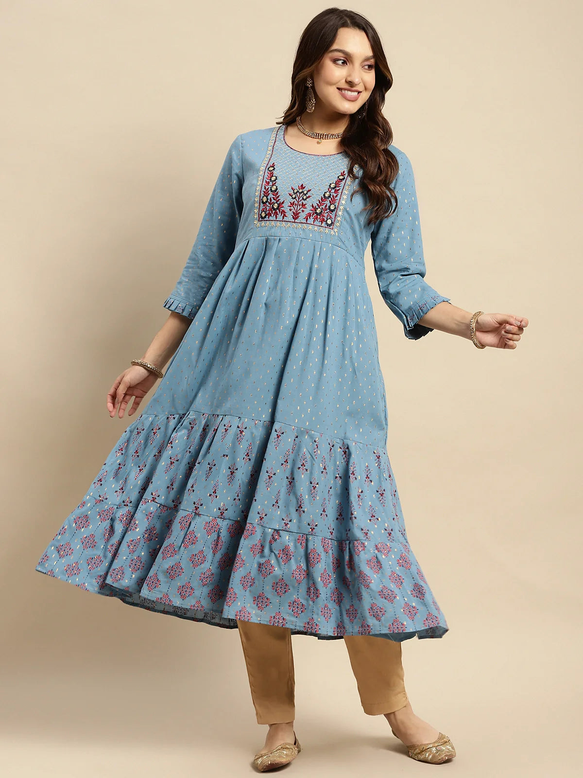 Buy 100% Cotton Yoke Embroidered Gold Textures Calf Length Anarkali Kurta-Light Blue