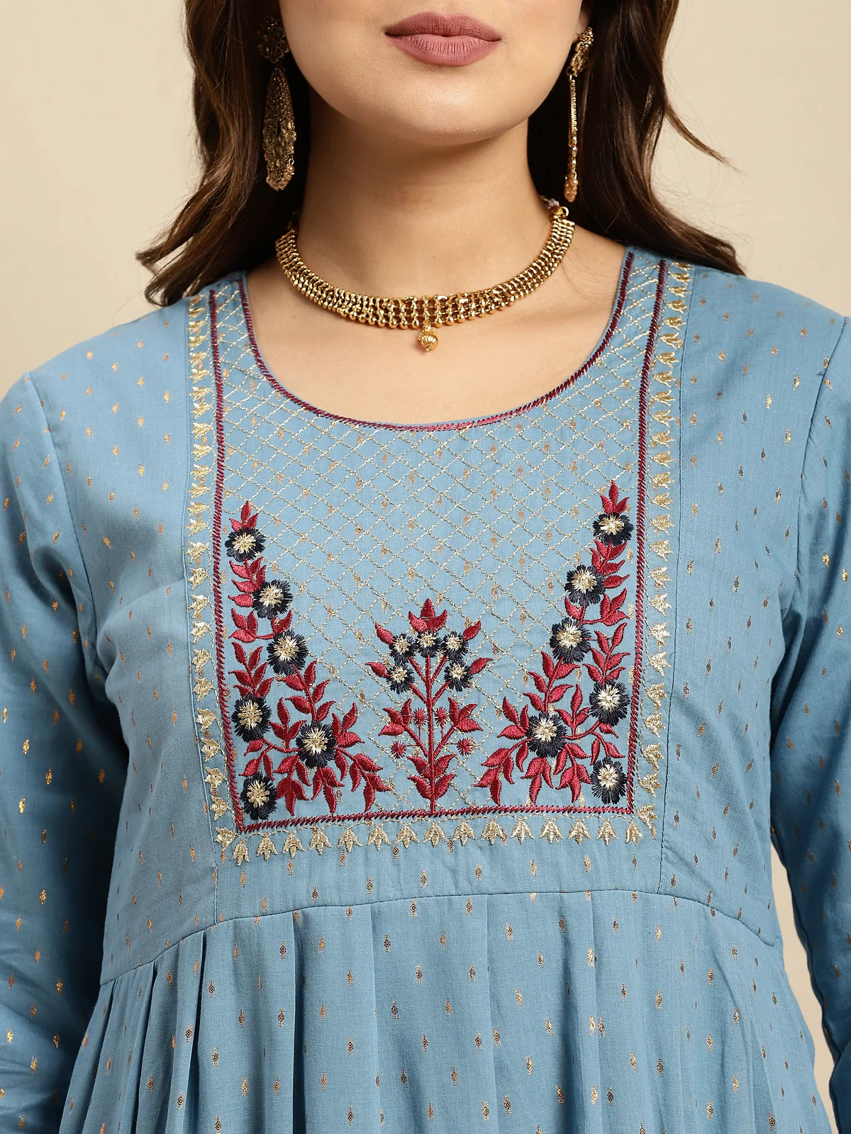 Buy 100% Cotton Yoke Embroidered Gold Textures Calf Length Anarkali Kurta-Light Blue