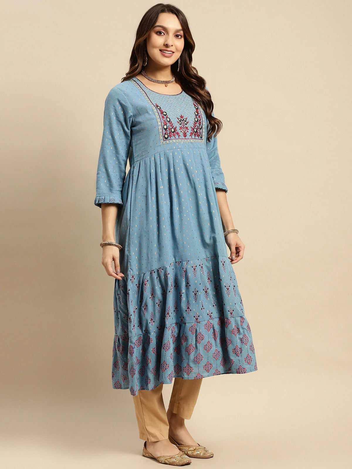 Buy 100% Cotton Yoke Embroidered Gold Textures Calf Length Anarkali Kurta-Light Blue