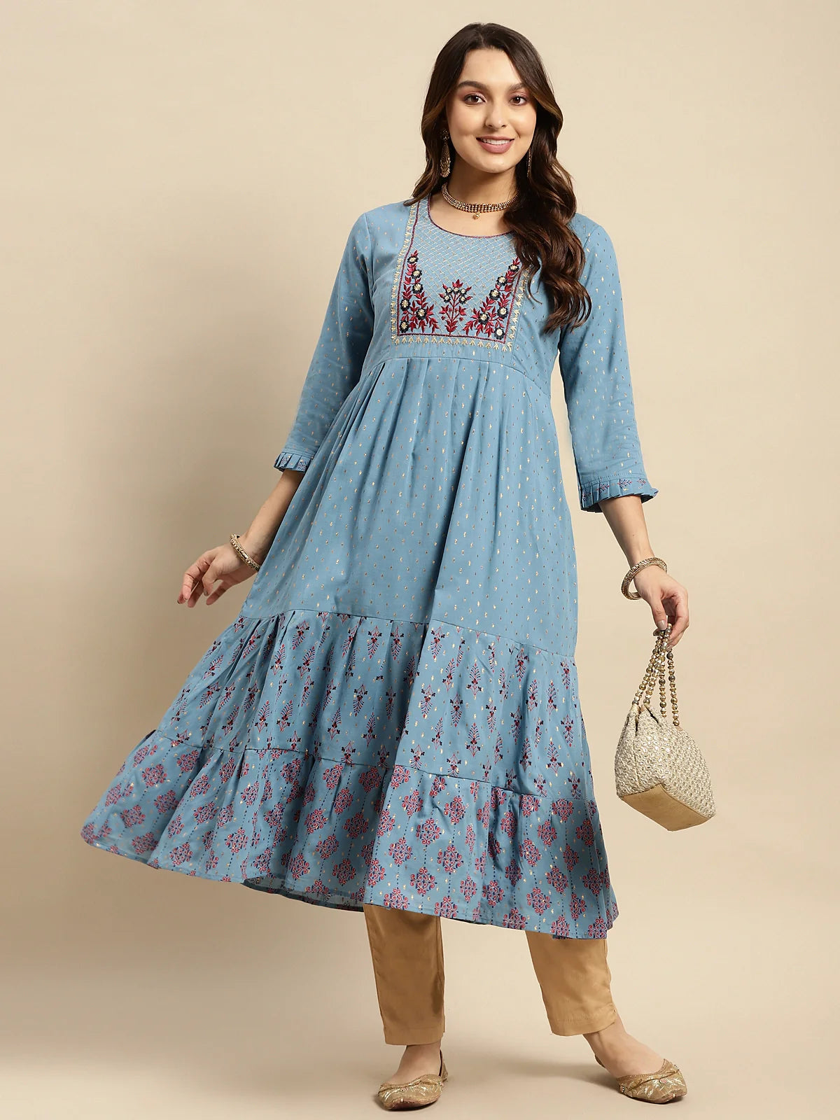 Buy 100% Cotton Yoke Embroidered Gold Textures Calf Length Anarkali Kurta-Light Blue