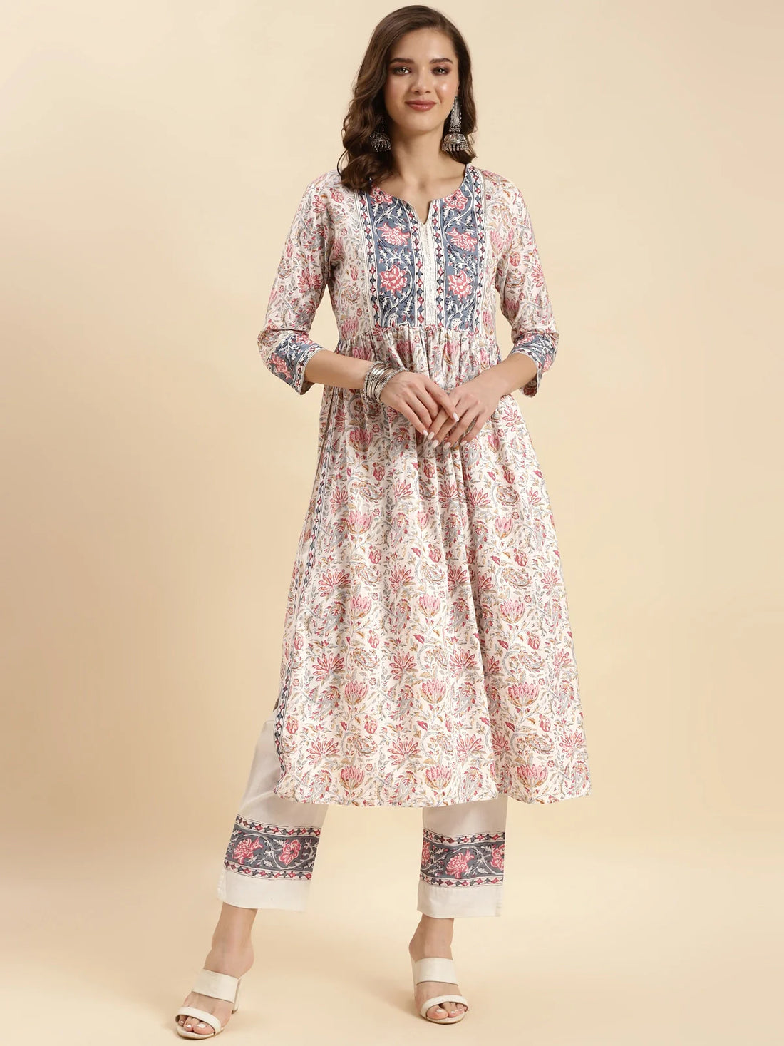 Buy Cotton Printed Calf Length Nayra Kurta With Pant-Off White