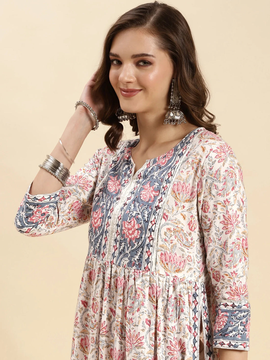 Buy Cotton Printed Calf Length Nayra Kurta With Pant-Off White