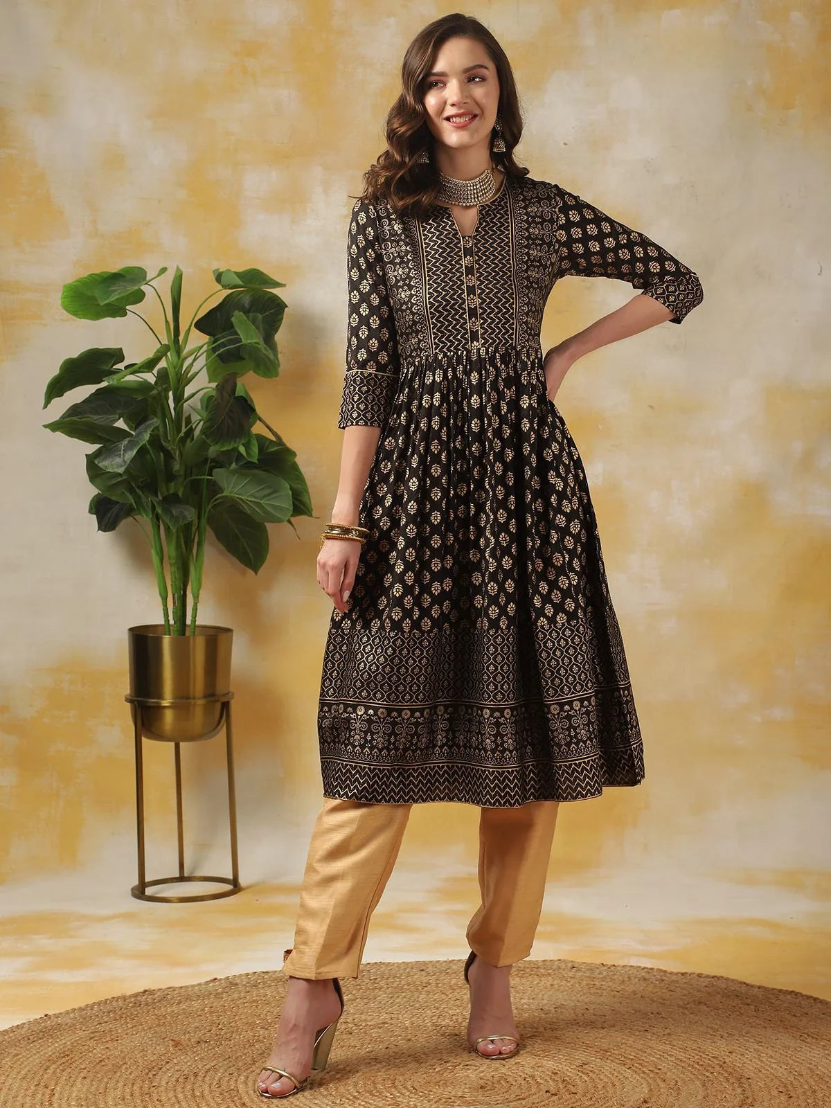 Buy Ethnic Printed Calf Length Anarkali Kurta-Black