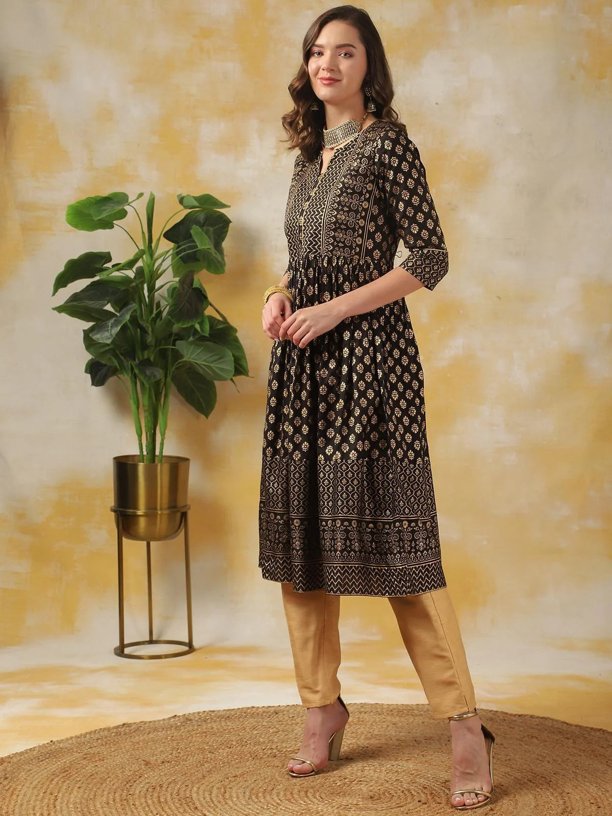 Buy Ethnic Printed Calf Length Anarkali Kurta-Black