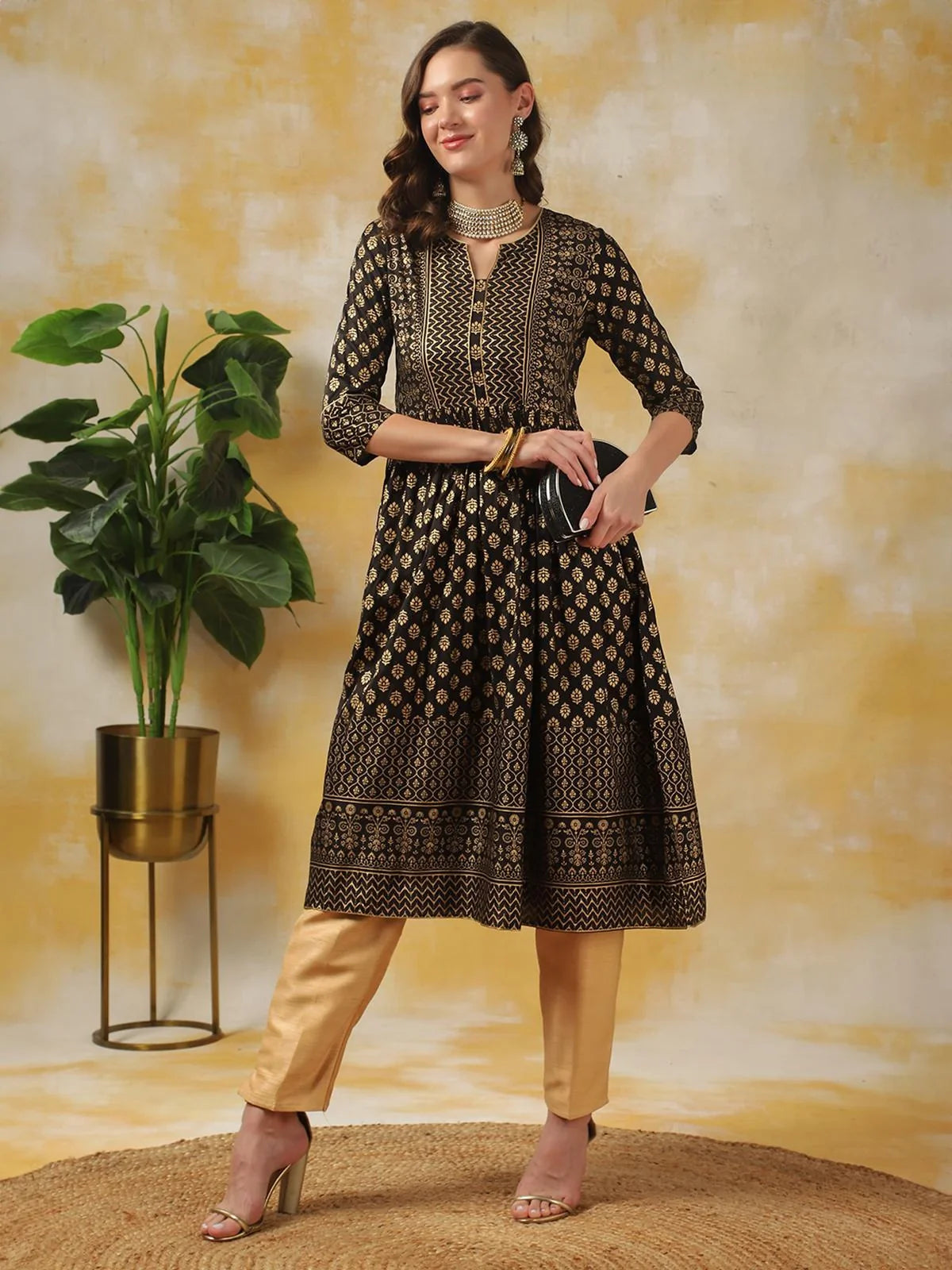 Buy Ethnic Printed Calf Length Anarkali Kurta-Black