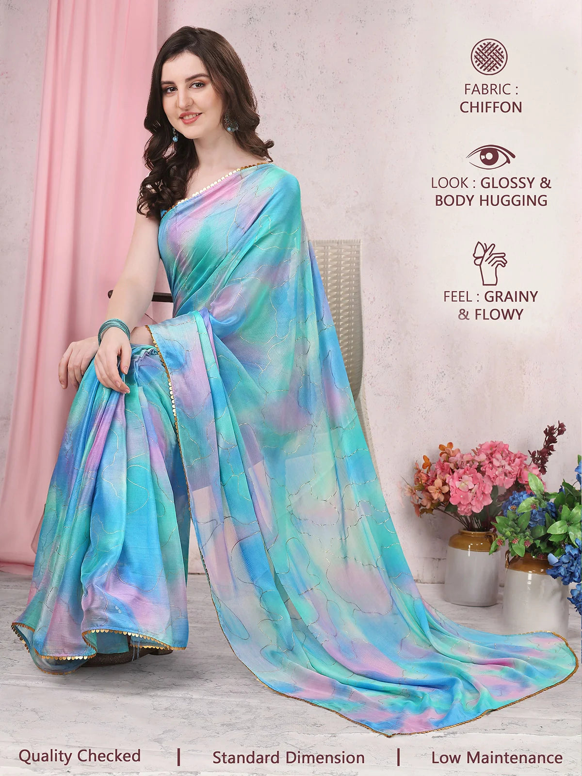 Buy Tie & Dye Chiffon Printed Foil Embellished Saree With Blouse Piece-Blue